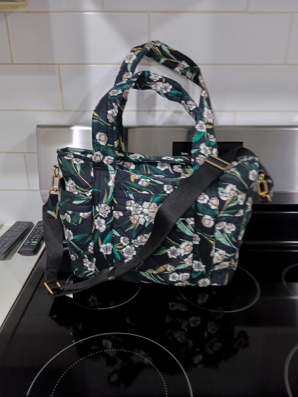 Floral Quilted Tote Bag in Black and Green